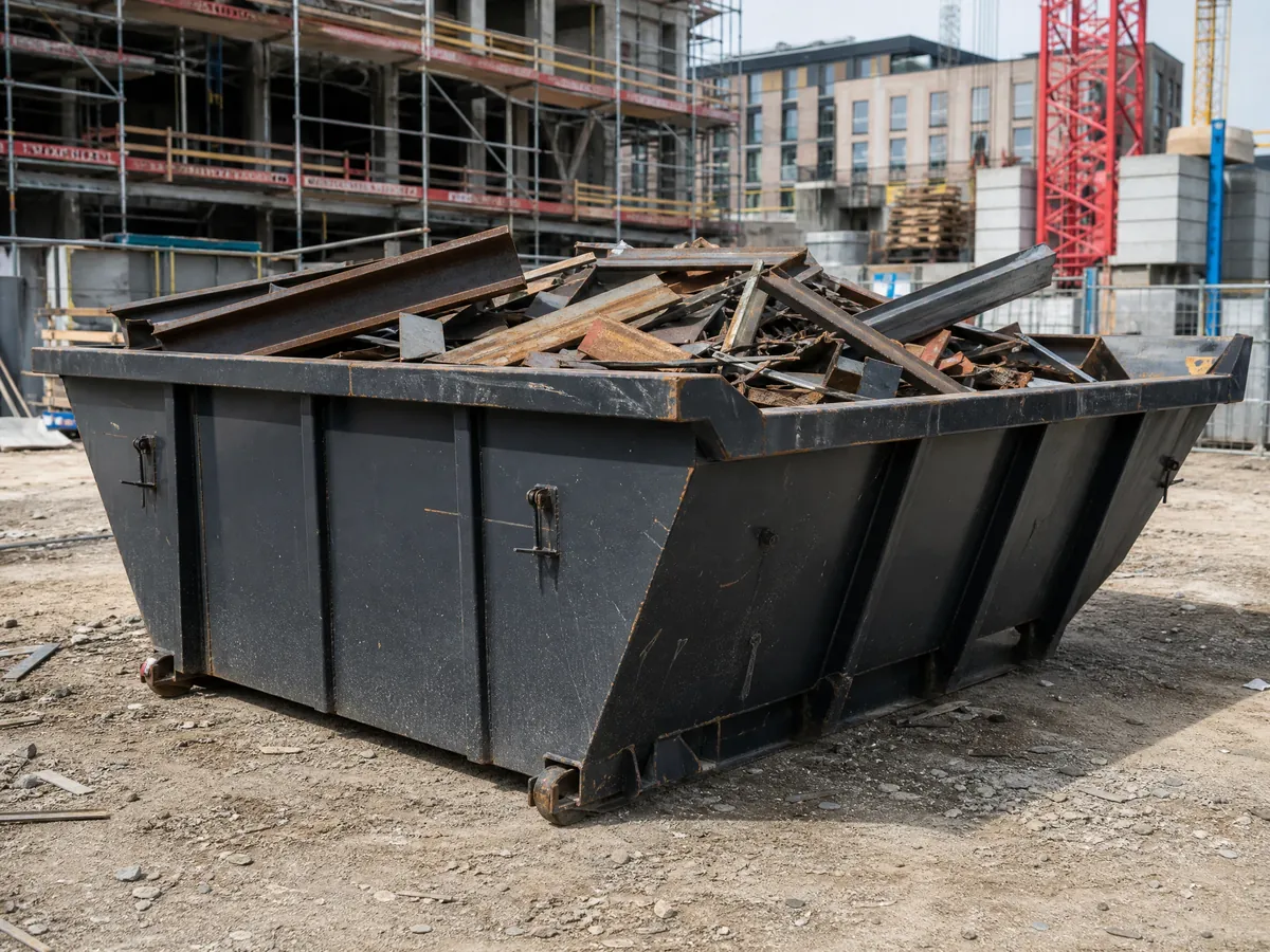Benne métallique sur chantier de construction