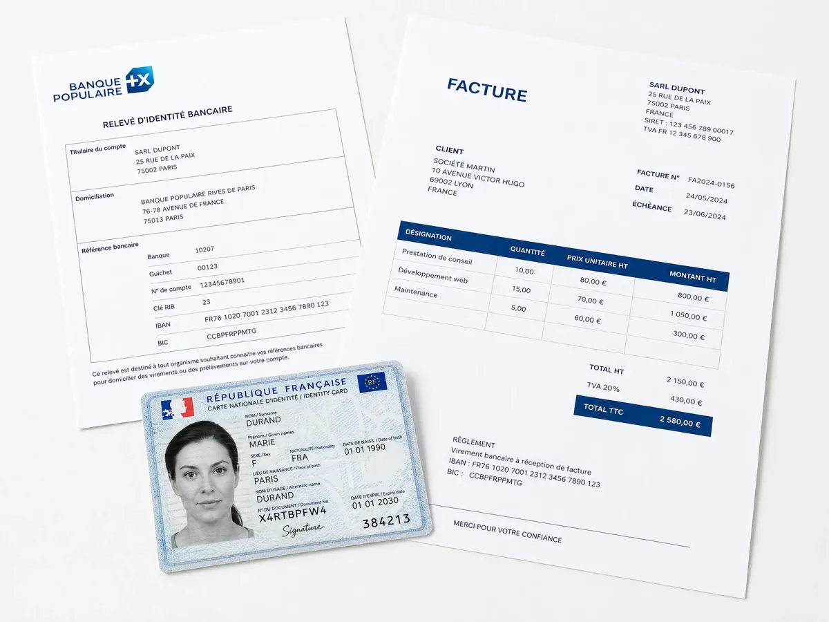 Documents requis : pièce d'identité, RIB, facture